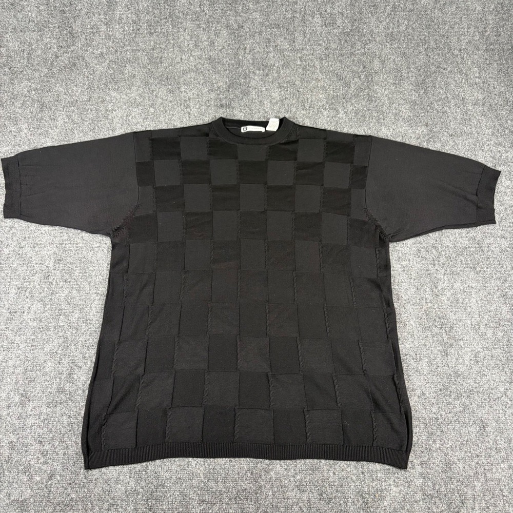Bachrach Mens XL Black 100% Silk Short Sleeve Knit Sweater Checkerboard